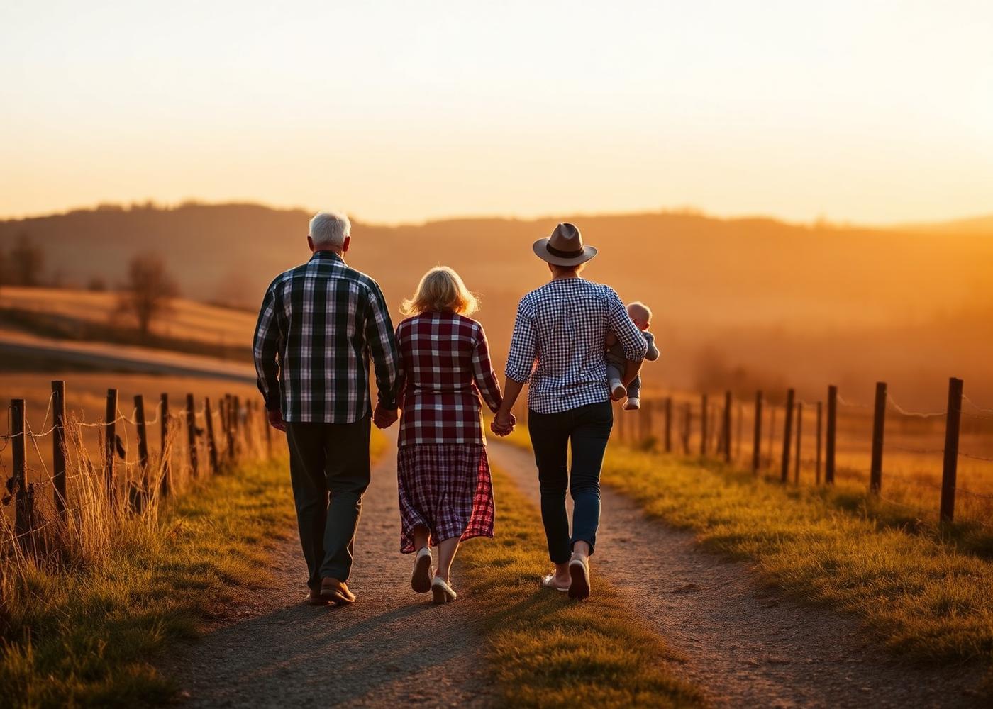 Three generations of a Tennessee family on a farm path at golden hour