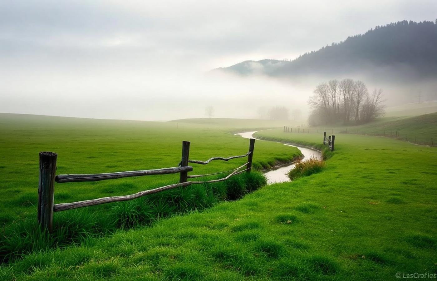 Misty Tennessee creek and meadow